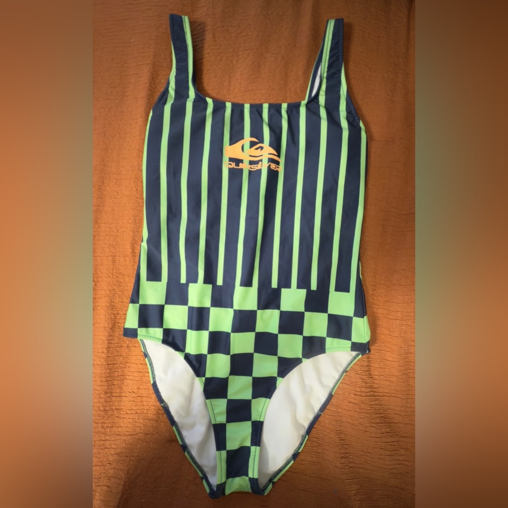 Quiksilver Neon Green and Navy Checkered Swimwear